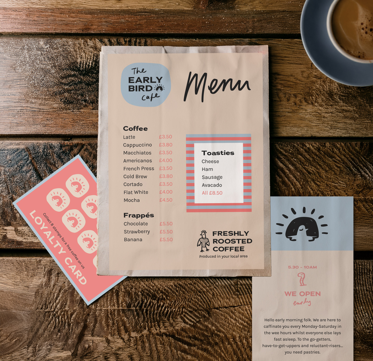 Branding for cafe the early bird on menu, loyalty card and flyer